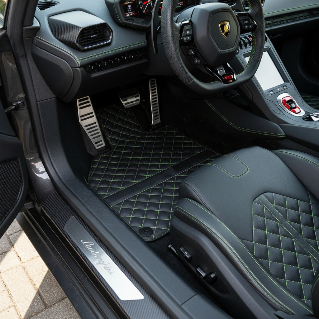 Tappetini per auto in pelle nera personalizzati per Lamborghini Huracan Perfomante | Cuciture verdi