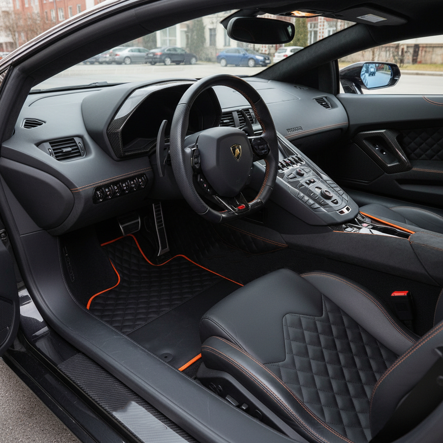 Tappetini in pelle nera personalizzabili per Lamborghini Aventador con rifiniture arancioni