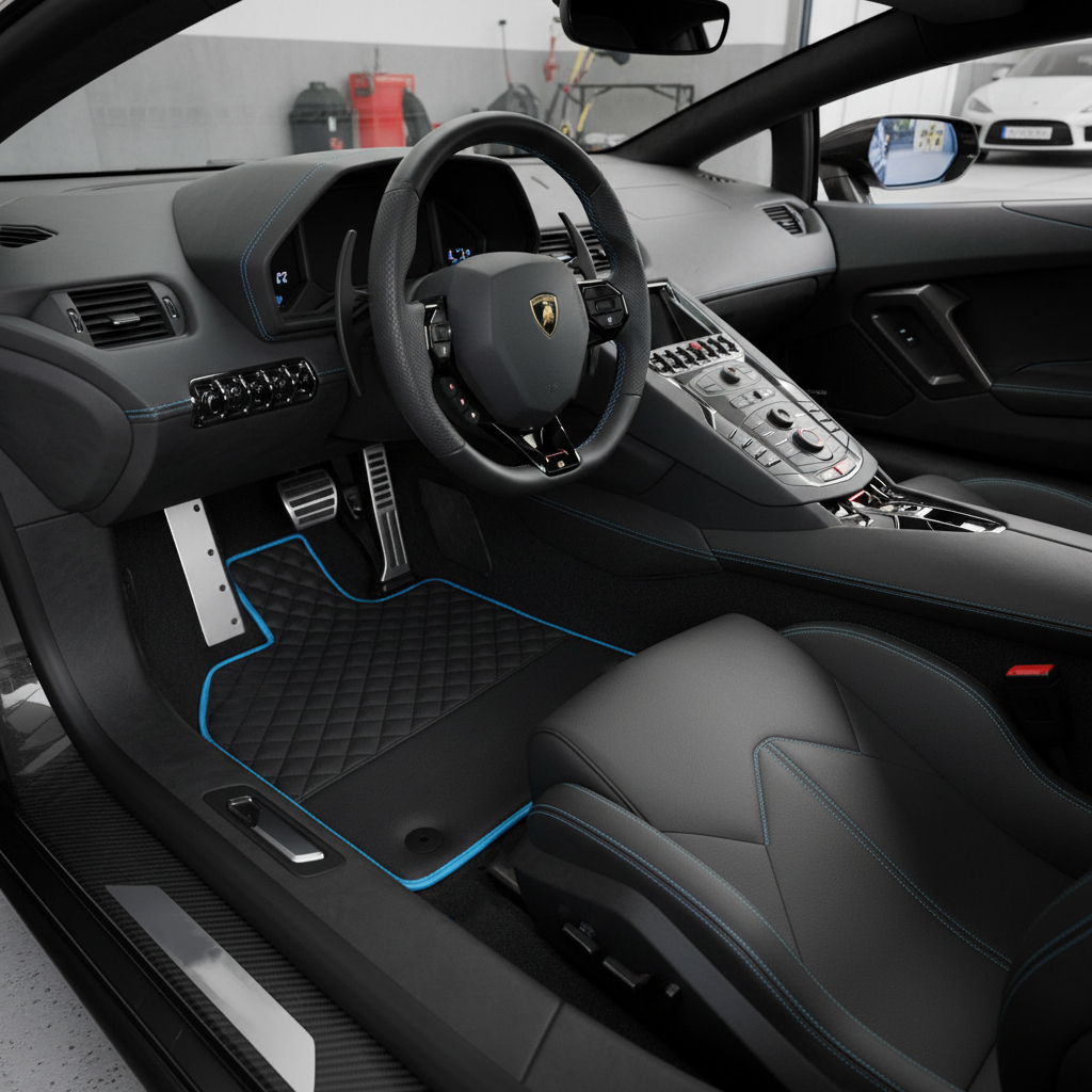 Customizable Black Leather Floor Mats For Lamborghini Aventador with Blue Trim