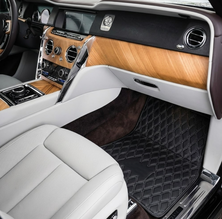 Custom Black Leather Floor Mats for Rolls Royce Cullinan (2018-2025) White Stitching