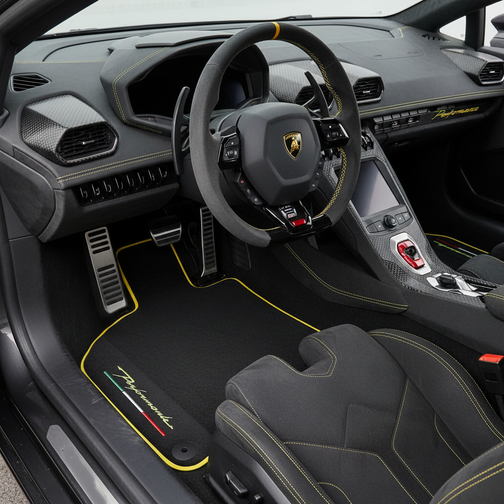 Tapis de voiture gris pour Ferrari 488 Spider 2015-2022 en cuir carbone - AutoWin.EU