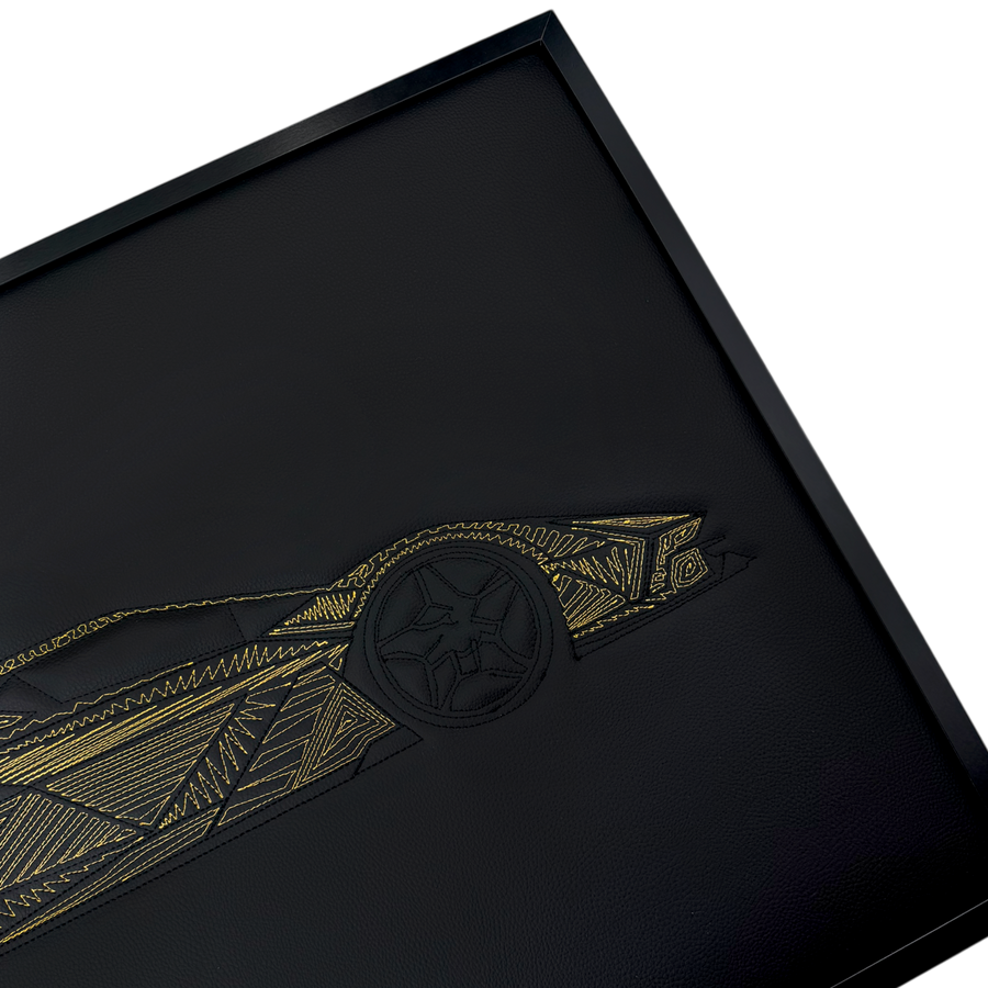 Black Leather Supercar Inspired Wall Art: Embroidered Yellow Stitch