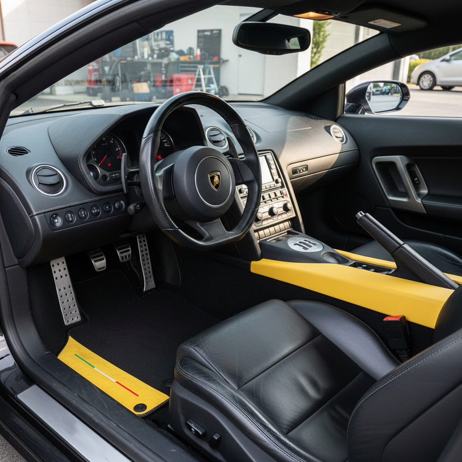 Tapis de voiture noirs sur mesure pour Lamborghini Gallardo avec cuir Alcantara jaune