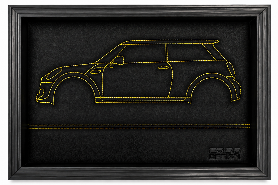 Schwarzes Leder-Mini-F56-inspirierte Wandkunst: Gestickter gelber Stich
