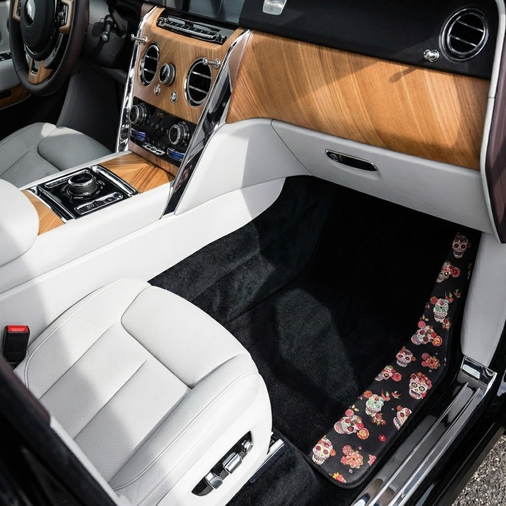 Black Car Floor Mats for Rolls-Royce Cullinan (2018-2025) with Black Floral Skull Design
