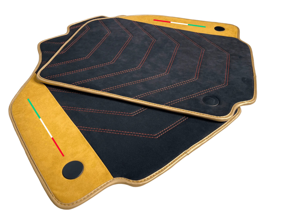 Black Floor Mats For Ferrari F8 Tributo 2019-2023 With Tan Alcantara Leather - AutoWin