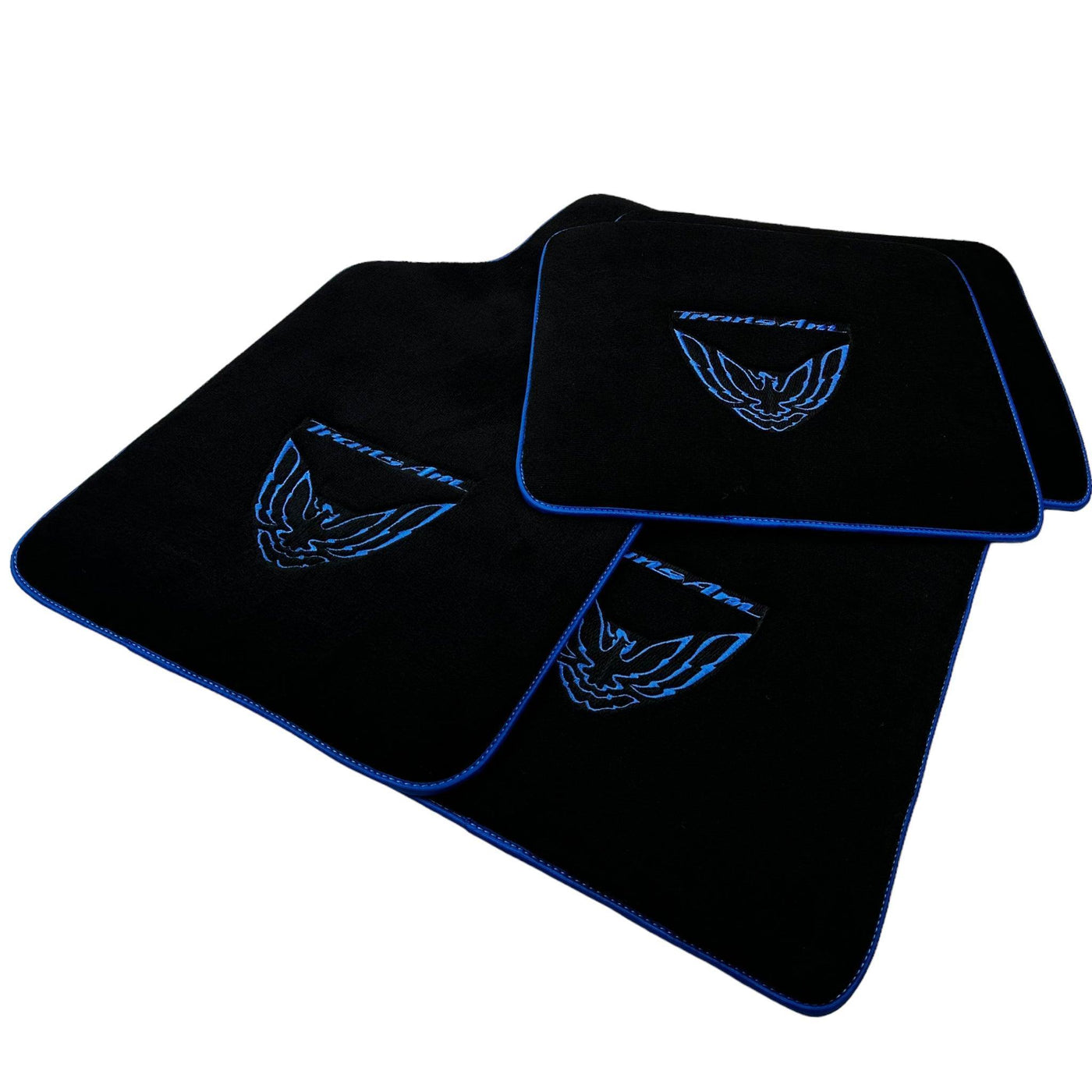 Black Floor Mats with Blue Trim for Pontiac FireBird (1970-1981) with Trans Am Logo - AutoWin
