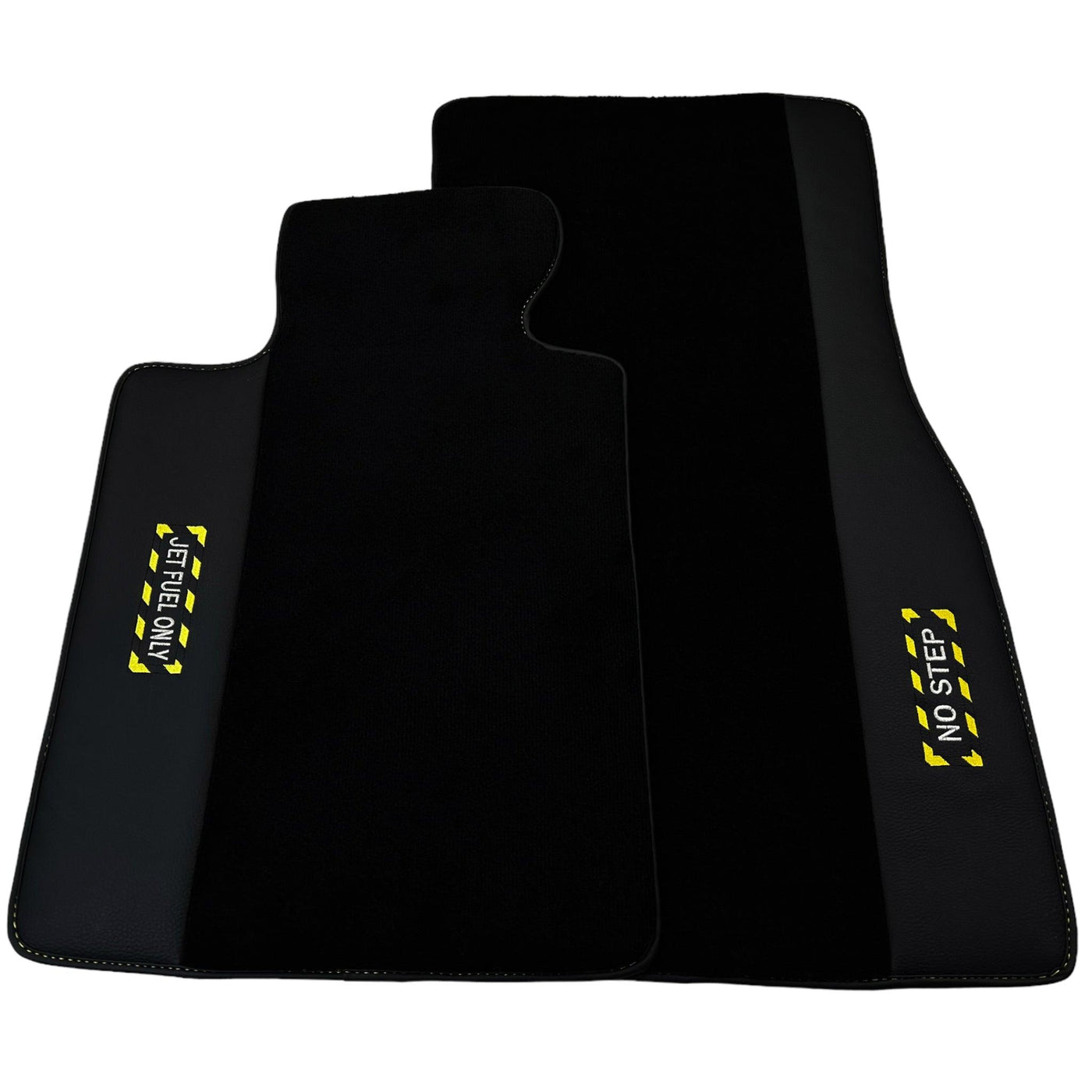 Black Floor Mats with Leather for BMW M5 G90 (2023-2026) Sedan - "Jet Fuel Only" - AutoWin