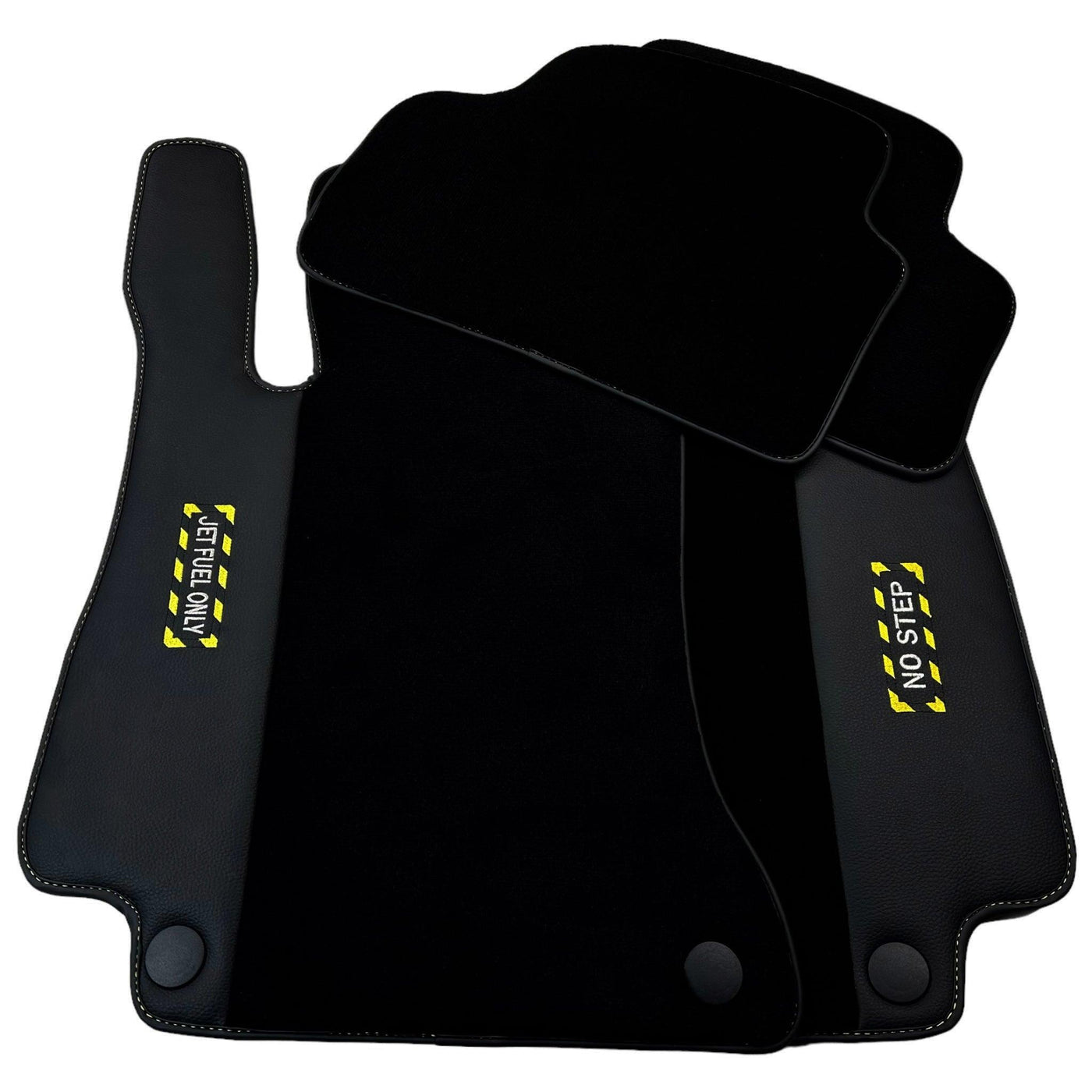 Black Floor Mats with Leather for Mercedes Benz E-Class W213 Sedan (2016-2020) - "Jet Fuel Only" - AutoWin