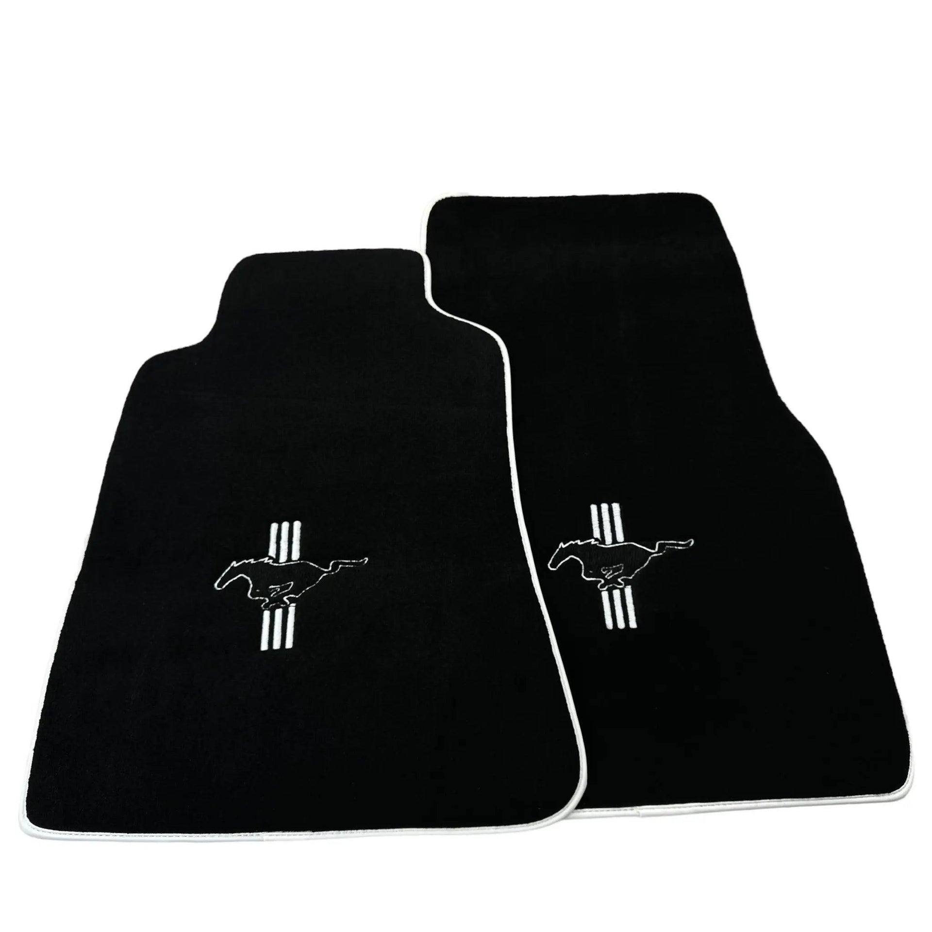 Black Floor Mats with White Trim For Ford Mustang V (2004-2010) With Pony - AutoWin