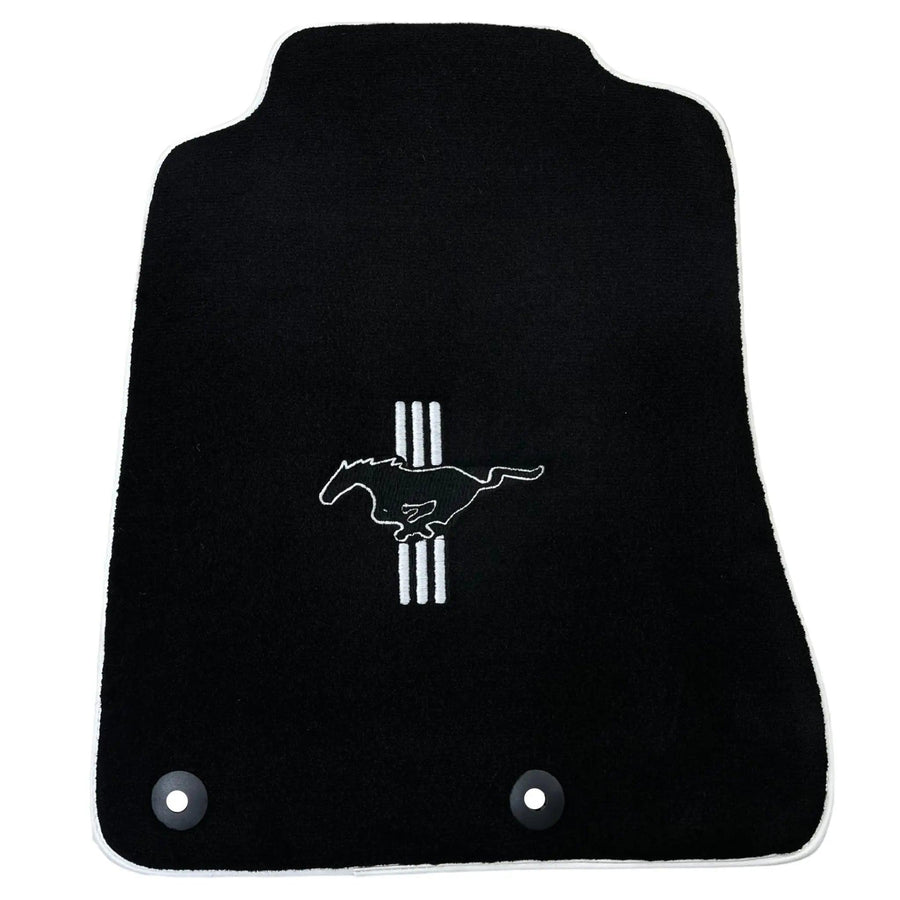 Black Floor Mats with White Trim for Ford Mustang V FL (2011-2014) With Pony - AutoWin