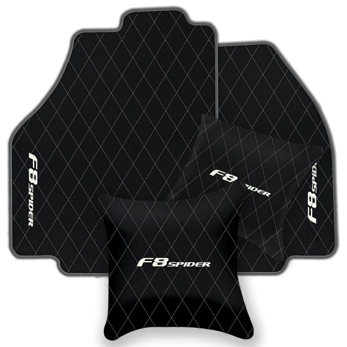 Black Leather Floor Mats for Ferrari F8 Spider (2019-2023) with Single Diamond Pattern | Full Set Option