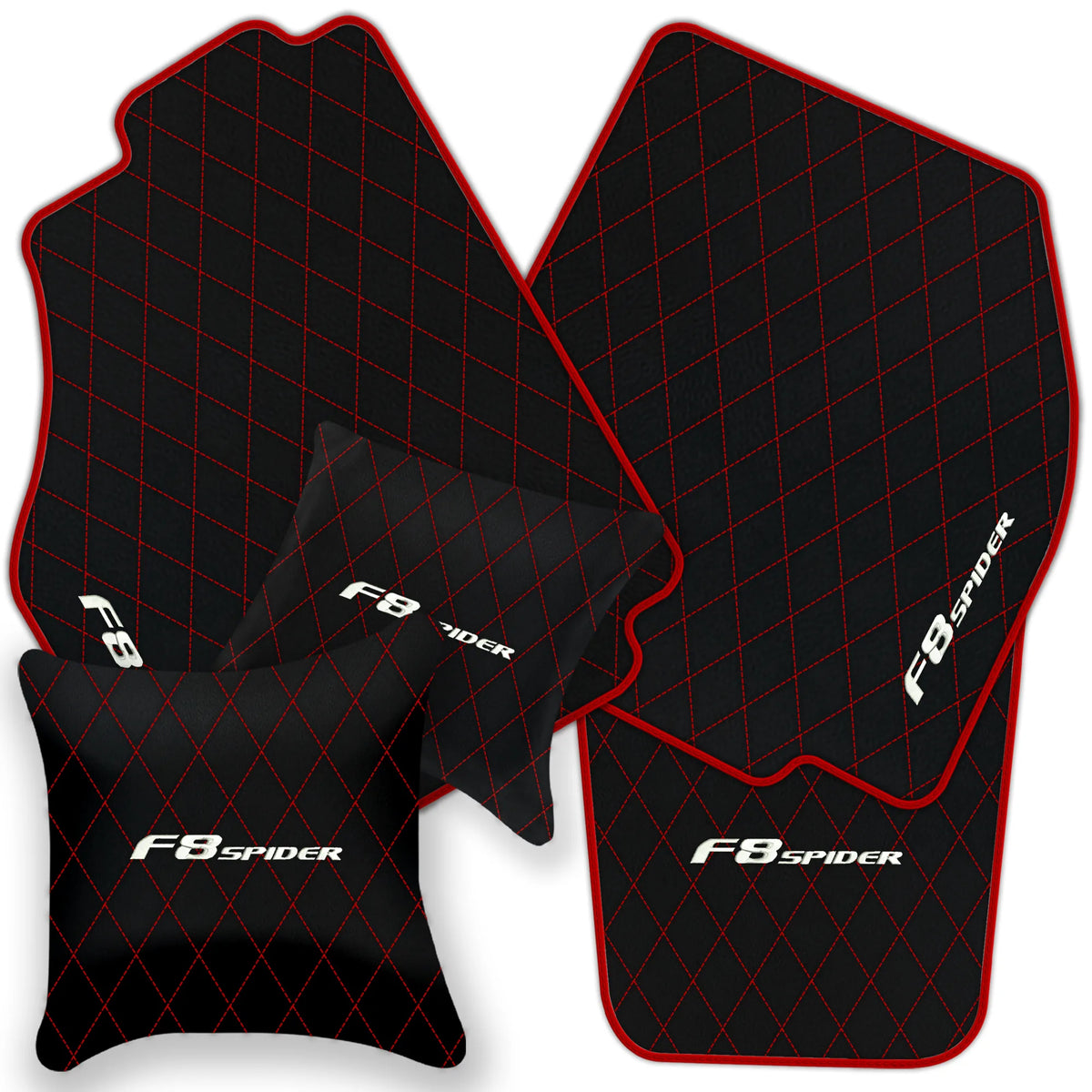 Black Leather Floor Mats for Ferrari F8 Spider (2019-2023) with Single Diamond Pattern | Full Set Option