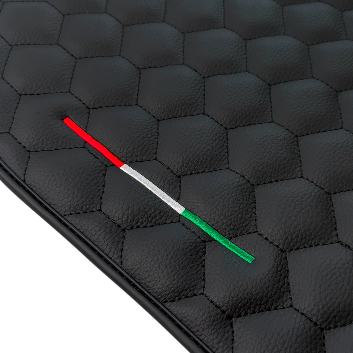 Black Leather Floor Mats with Symmetrical Hex Pattern for Ferrari Roma (2021-2027) with Italian Flag