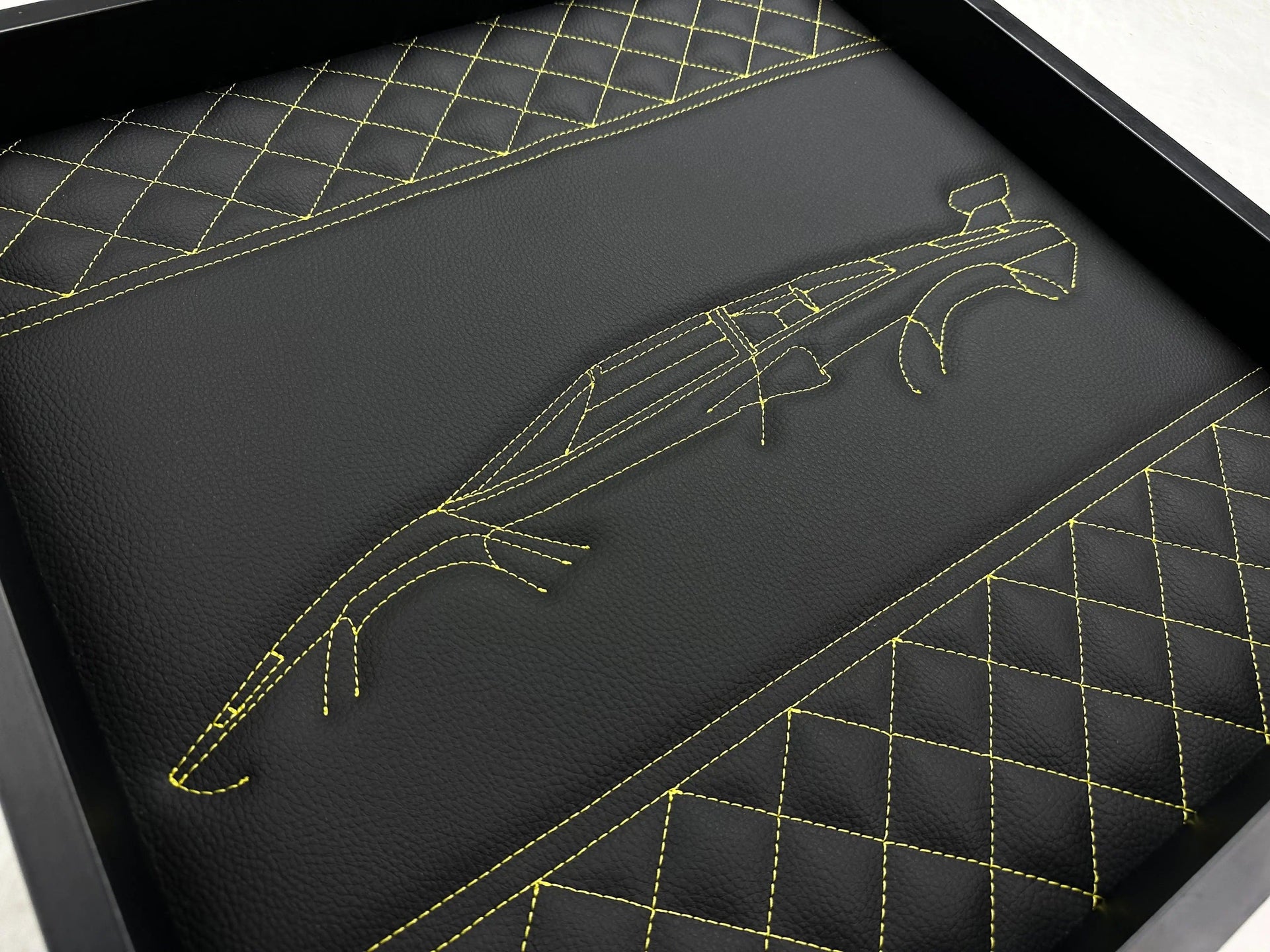 Black Leather Lamborghini Countach Inspired Wall Art: Embroidered Yellow Stitch Luxury Decor - AutoWin