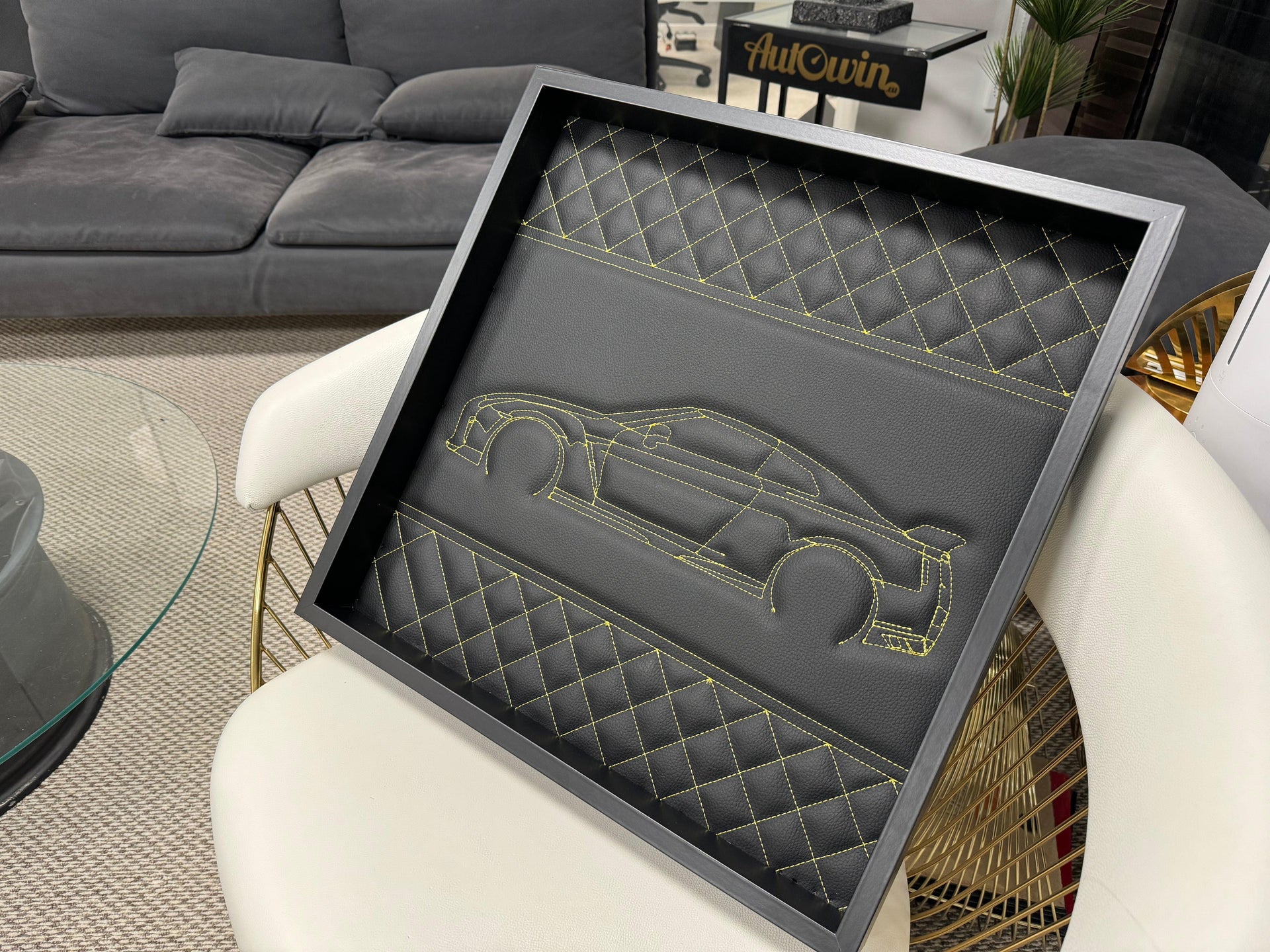 Black Leather Nissan GTR Inspired Wall Art: Embroidered Yellow Stitch Luxury Decor - AutoWin
