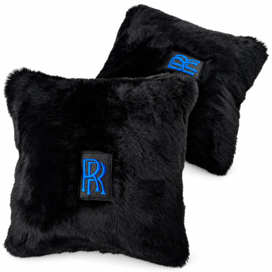 Black Sheepskin Pillows Design Set of 2 for Rolls-Royce Vehicles - Blue Logo