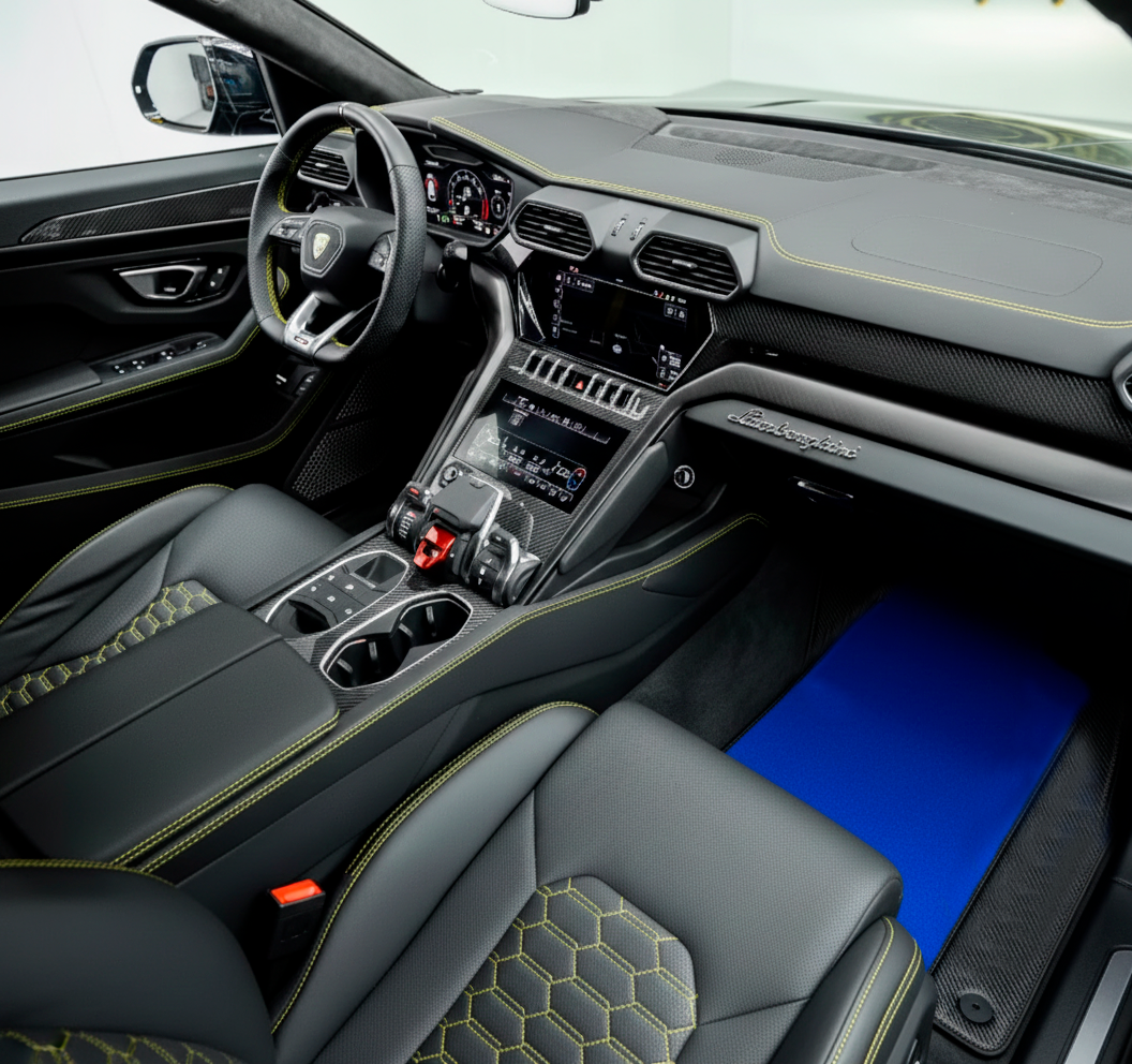 Interior look of floor mats for Customizable Blue Floor Mats For Lamborghini Urus With Carbon Leather