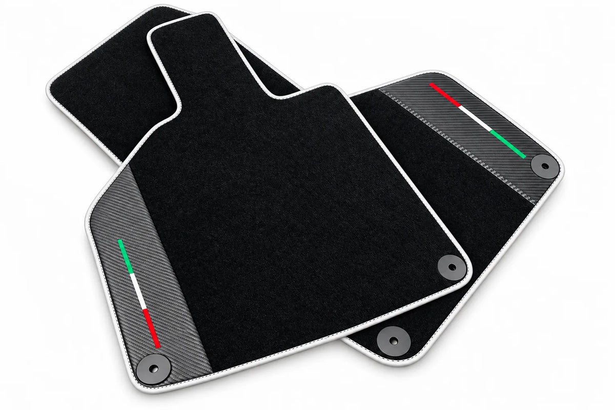 Custom Black Floor Mats for Lamborghini Huracan with Carbon Fiber Leather White trim