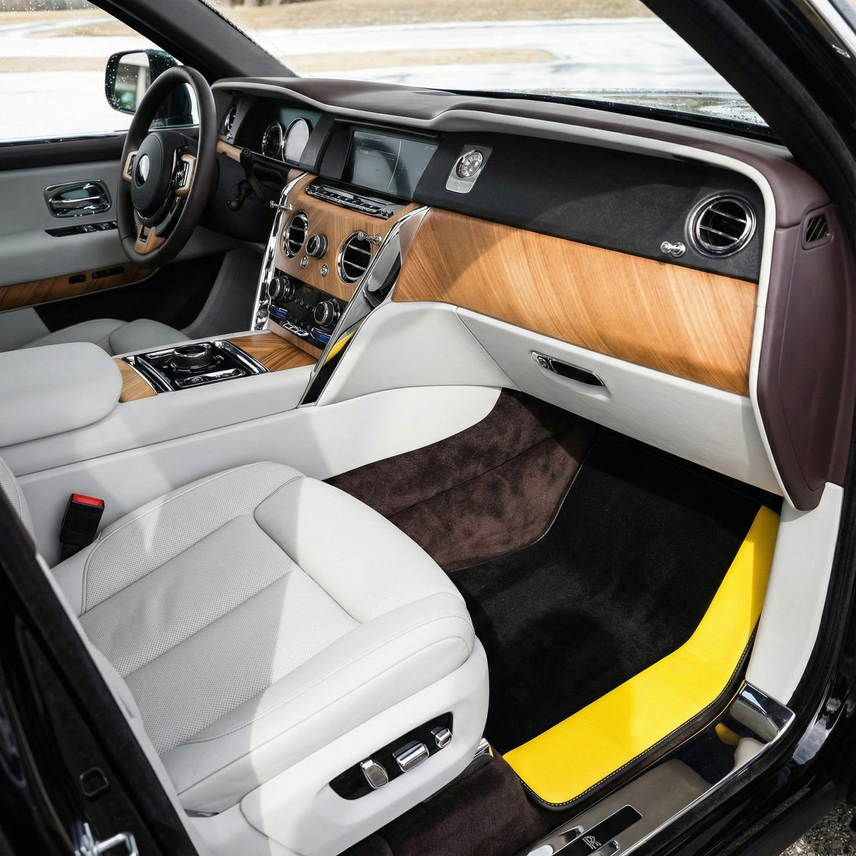 Custom Black Floor Mats For Rolls Royce Cullinan Yellow Leather