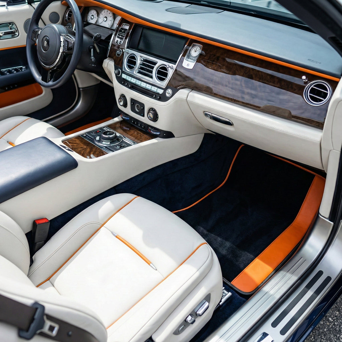 Custom Black Floor Mats for Rolls Royce Dawn (2016-2023) with Orange Leather