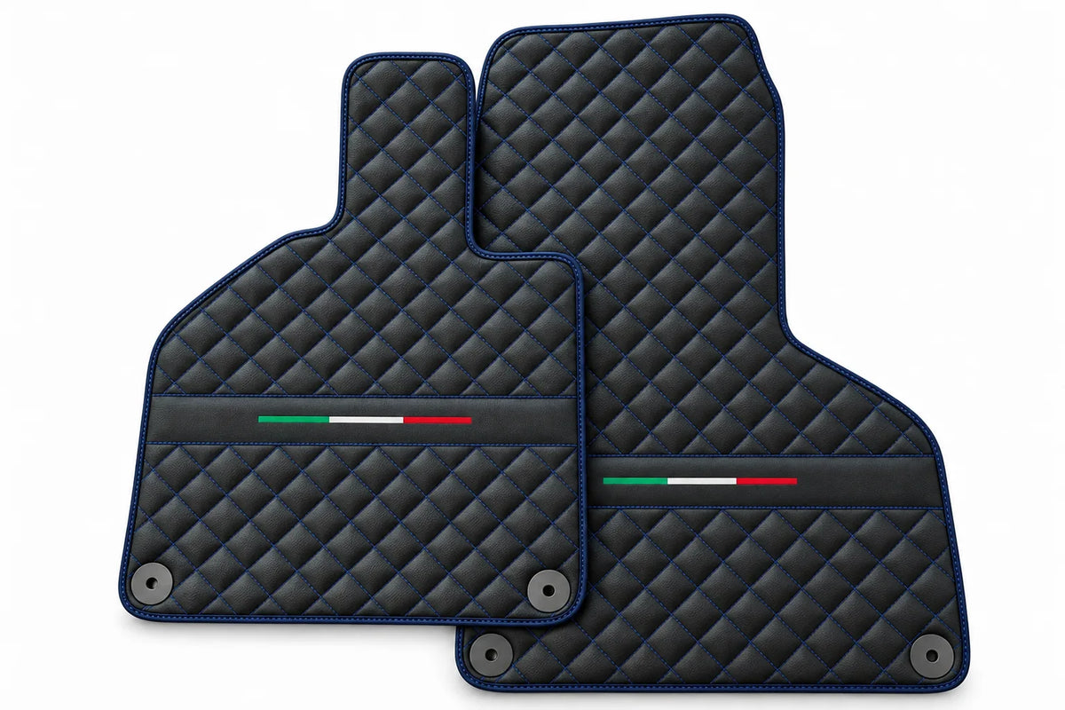 Custom Black Leather Floor Mats for Lamborghini Huracan Perfomante | Green Stitching Dark Blue trim