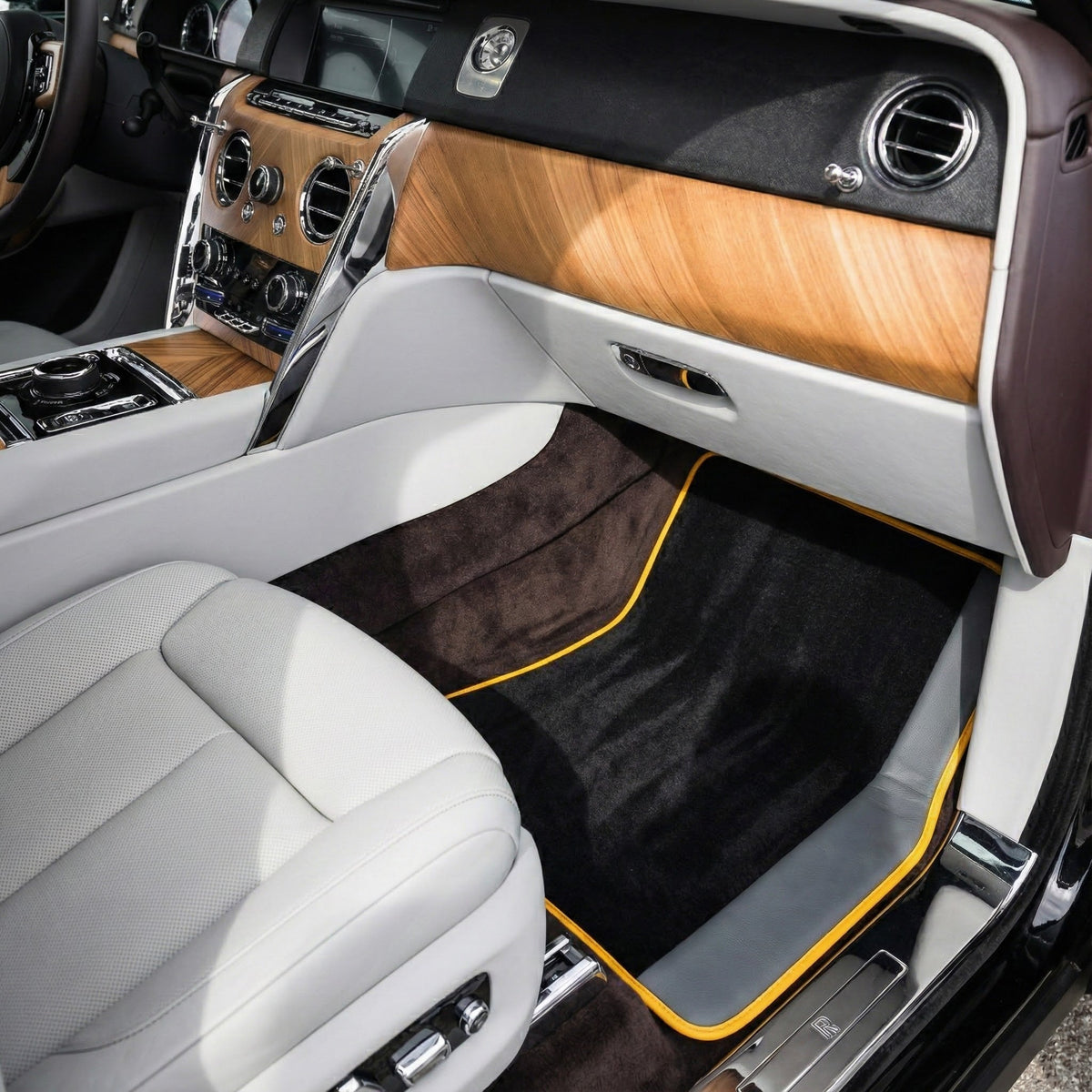Custom Black Floor Mats for Rolls Royce Cullinan with Black Leather