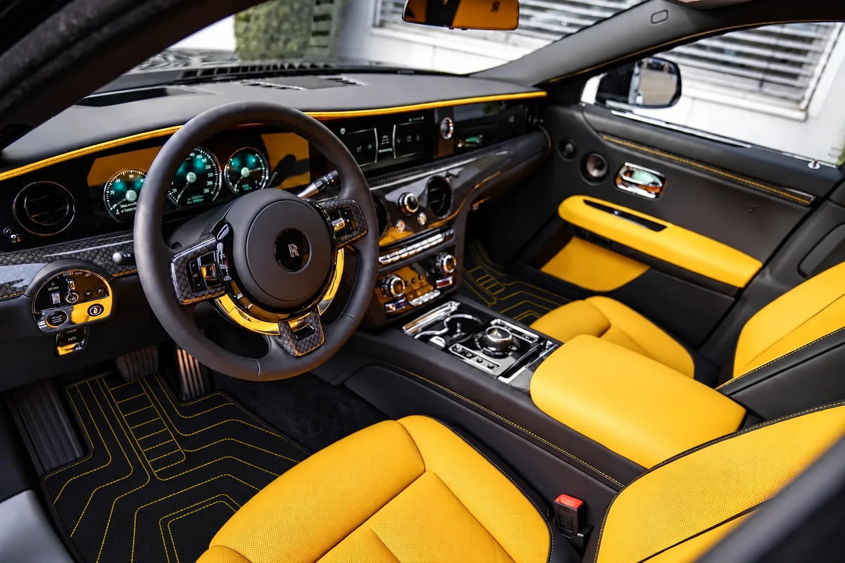 Customizable Leather Floor Mats with AW12 Pattern for Rolls Royce Ghost Series II (2021-2024) inside the vehicle