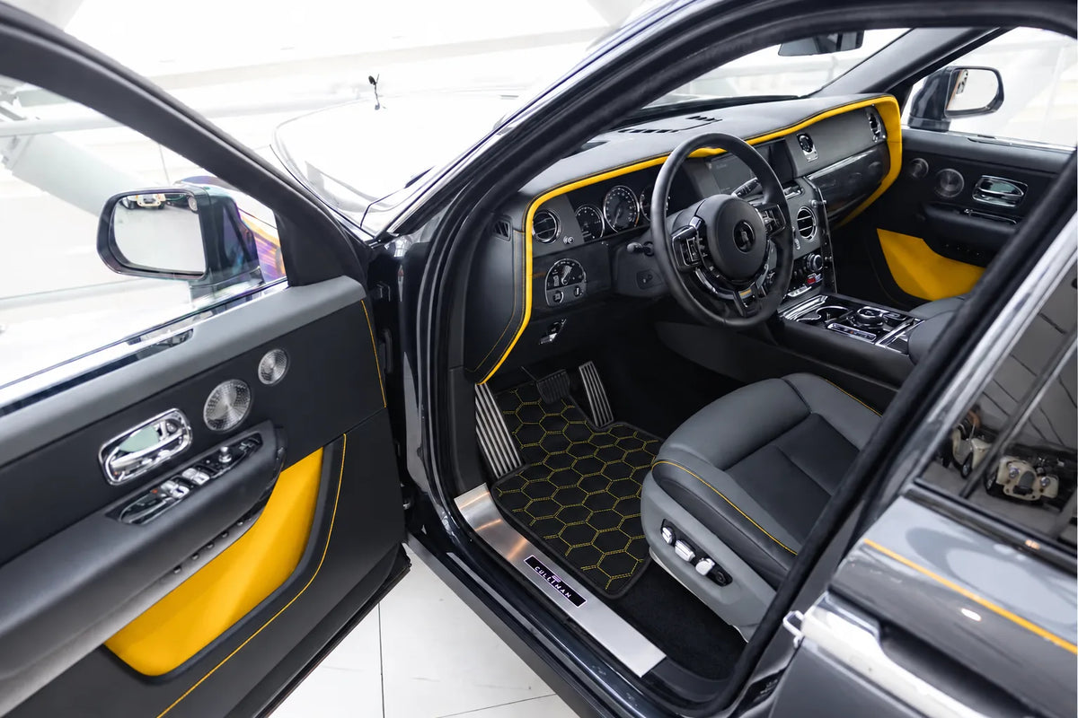 Customizable Leather Floor Mats with Hexagon Hex Pattern for Rolls Royce Cullinan (2018-2025) inside the vehicle