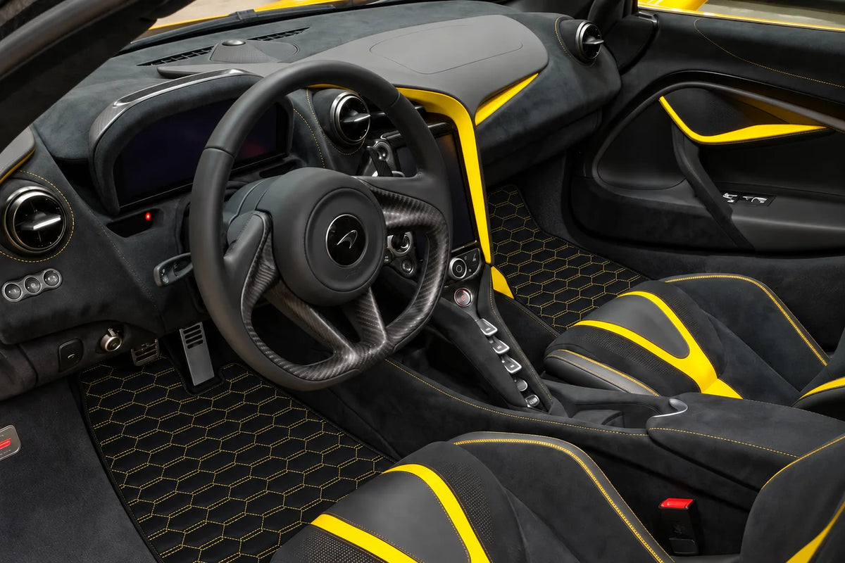 Customizable Leather Floor Mats with Interlaced Hex Pattern for McLaren 720S (2017-2021) inside the vehicle