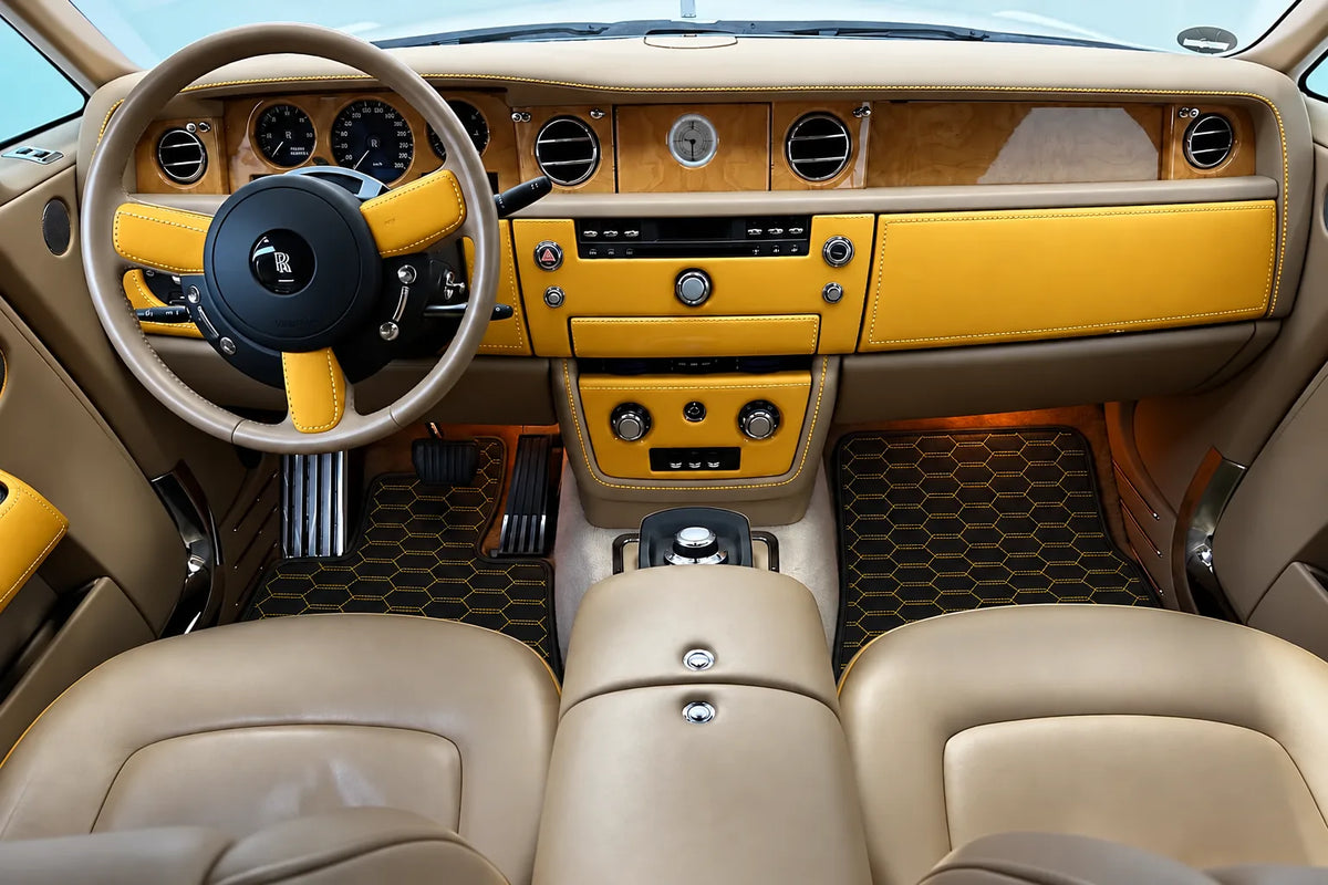 Customizable Leather Floor Mats with Interlaced Hex Pattern for Rolls Royce Phantom Sedan (2003-2016) inside the vehicle