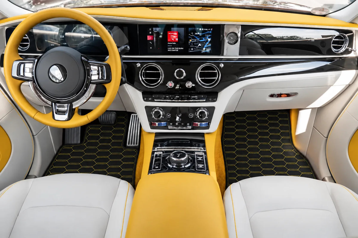 Customizable Leather Floor Mats with Interlaced Hex Pattern for Rolls Royce Spectre (2023-2024) inside the vehicle