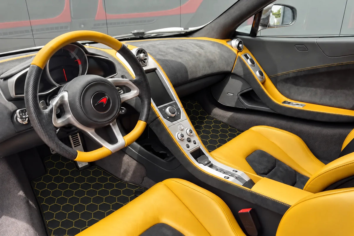Customizable Leather Floor Mats with Symmetrical Hex Pattern for McLaren MP4-12C (2011–2014) inside the vehicle