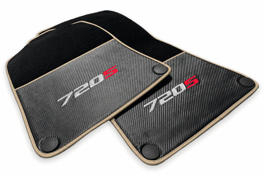 Floor Mats For McLaren 720S Black Tailored Carpets With Carbon Beige trim