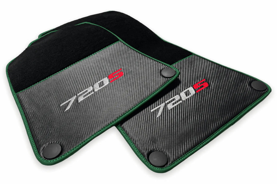 Floor Mats For McLaren 720S Black Tailored Carpets With Carbon Dark Green trim