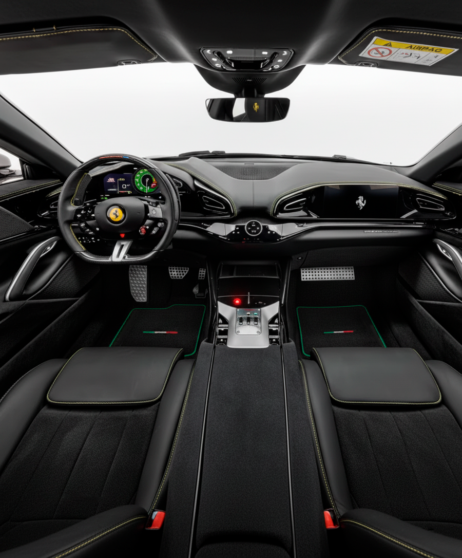 Schwarze Fußmatten für Ferrari Purosangue mit grünem Rand | Italienische Ausgabe