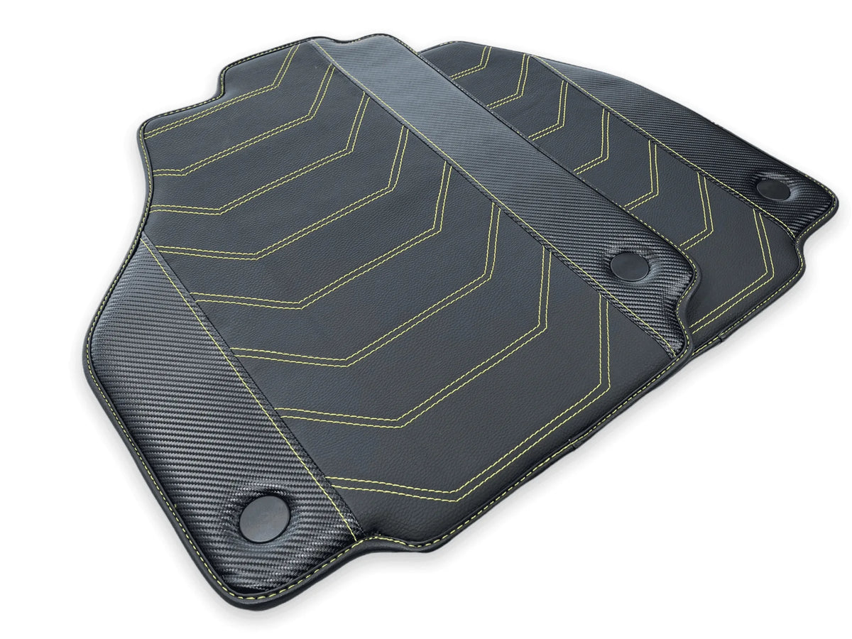 Leather Floor Mats For Ferrari 458 Italia 2009-2015 Black With Yellow Sewing - AutoWin