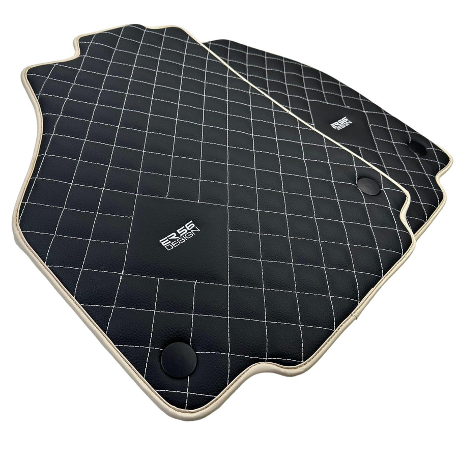 Leather Floor Mats for Ferrari 488 Spider 2015-2022 with White Sewing ER56 Design | Beige Trim - AutoWin