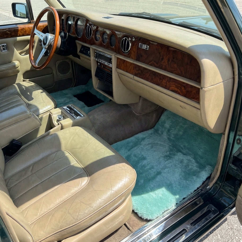 Interior look of floor mats for Tiff Blue Sheepskin Floor Mats For Rolls Royce Wraith 2013–2023 Er56 Design